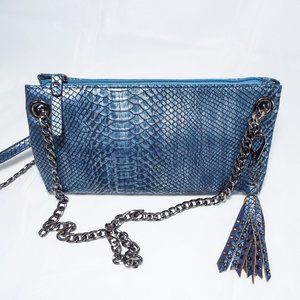 LA DIVA METALLIC BLUE FAUX CROC SHOULDER CROSSBODY HANDBAG W/ GUNMETAL STRAP NEW
